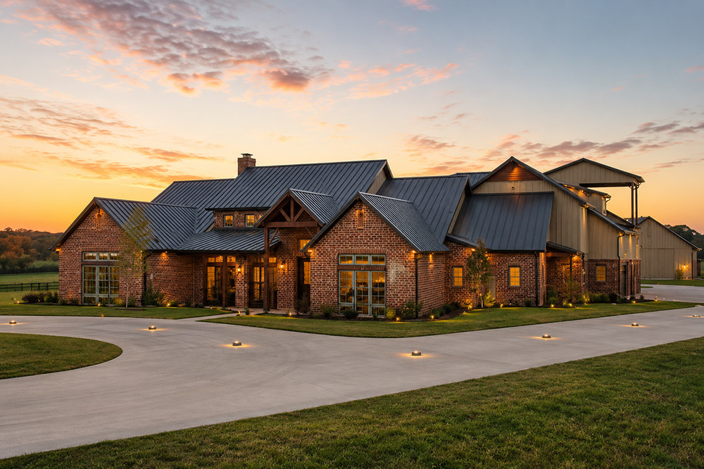 Rustic farmhouse at sunset glow